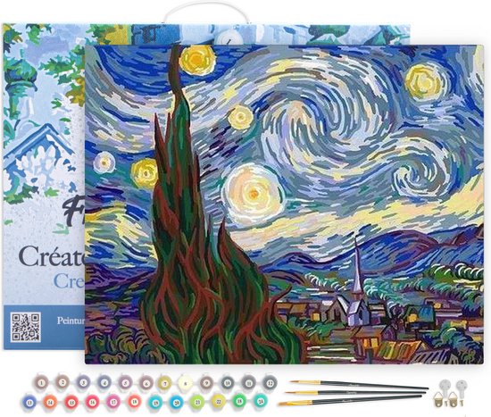 Figured' Art Peinture par numéros Adultes avec cadre – Van Gogh Nuit étoilée – Kit de peinture acrylique artisanal DIY complet – Toile 40 x 50 cm déjà encadrée