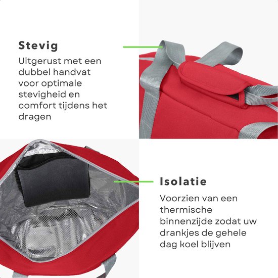 Cheqo® Geïsoleerde Koeltas - 22,3 liter - Rood - Isolerend - Thermische Binnenkant - Dubbel Handvat - Rits - 18,5 x 18 cm - Verstevigde Bodem - Voor Picknick & Boodschappen van Cheqo — afbeelding 3