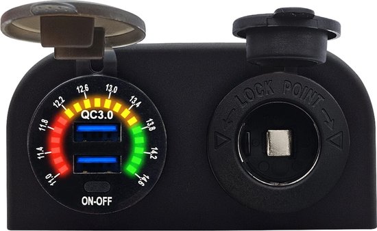 Foto: Proride 12v usb autolader2 poorten opbouw met schakelaar voltmeter qc3 0 met 12 24v sigaretten stopcontact