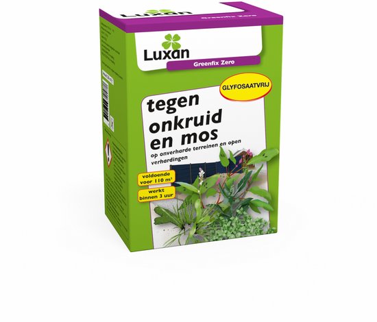 Emballage de Luxan Greenfix Zero contre les mauvaises herbes et la mousse, avec le texte 'SANS GLYPHOSATE'. Vert avec des accents violets et jaunes.