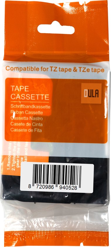 Oranje verpakking voor een TZe tape cassette met DULA logo, compatibel voor TZe tape & TZ tape.