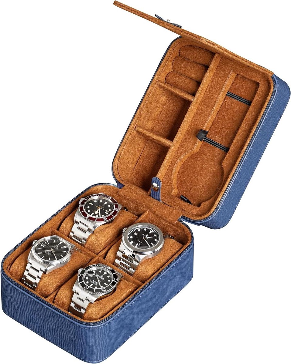 5-horloge Organizer met ritssluiting - opbergbox voor polshorloges tot 50 mm - robuust en draagbaar - blauw-lichtbruin