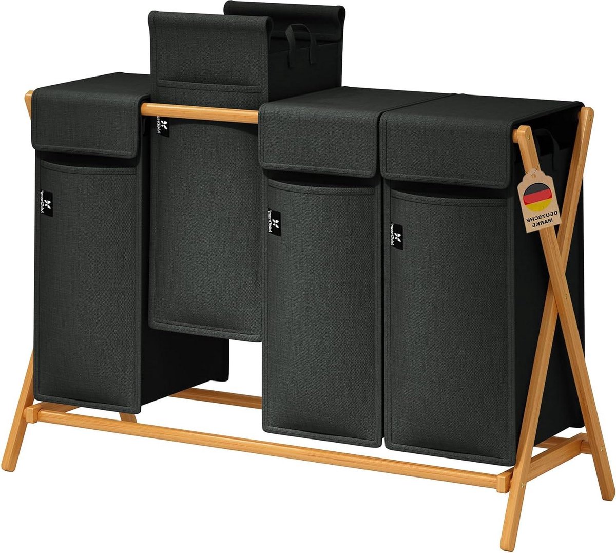Goedkoopste Bamboe Wasmand 2 Compartimenten 100 l - Vuile Wassorteerder - Houten Wasmand - Deksel - X-vormige Planken - Grijs - 200 l wassorteerder