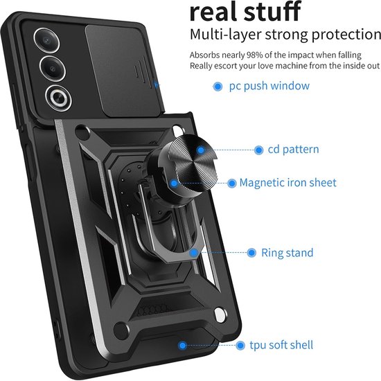 Zwarte telefoonhoes met ringstandaard, schuifbare cameraprotectie en "CD-patroon".