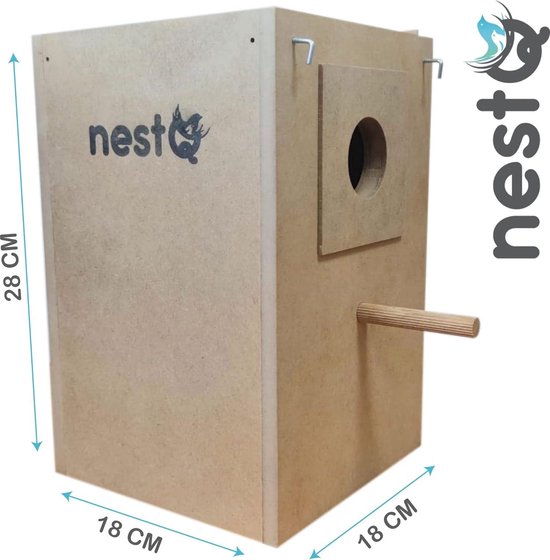 nestQ Nimfennest 30 x 21,5 x 20,5 cm, maat M, kweekhuis van hout met chip, grote nimf, carolines, kaketoes, pyrrhuras, houten huis voor vogels, verticaal houten nest (S