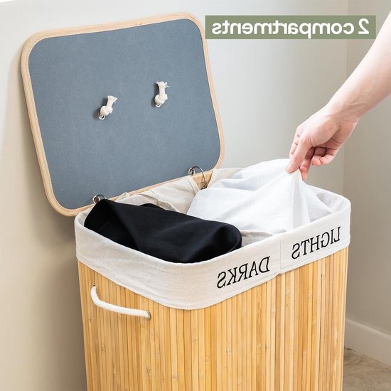 SONGMICS Wasmand met deksel, 2 compartimenten, 120 liter, bamboe