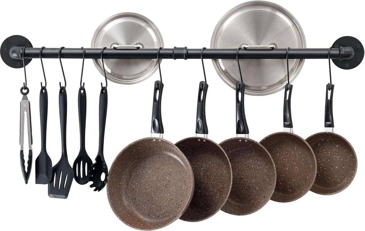 HTML Pannenrekken 100cm Metalen Wandmontage Pannenplank Keukenrek Organizer met 14 Haken Zwart ophangrek keukengerei