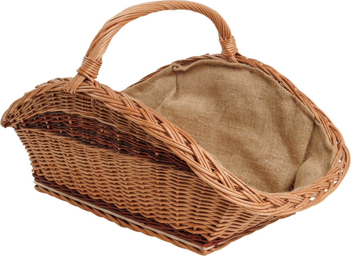 BOGATECO rieten mand met handvat, rechthoekig | Haardkorf 60x40x28 | Handgeweven, stevig | Houten mand bekleed met jute | Brandhoutmand | Twee kleuren