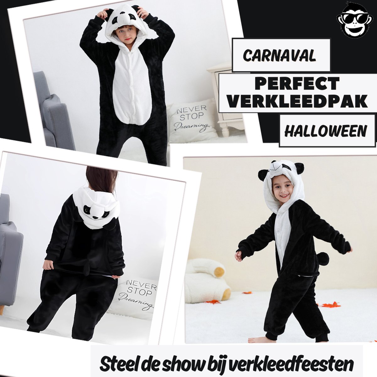 BoefieBoef Dieren Onesie Verkleedkleding Kinderen jaar – Comfortabele Kostuum Pyjama – tot 160 – Dierenpak voor Jongens en Meisjes – Carnaval of Dierenpak - Verkleedkleding - Kerst- of Verjaardag Cadeau - Panda wit zwart — afbeelding 4