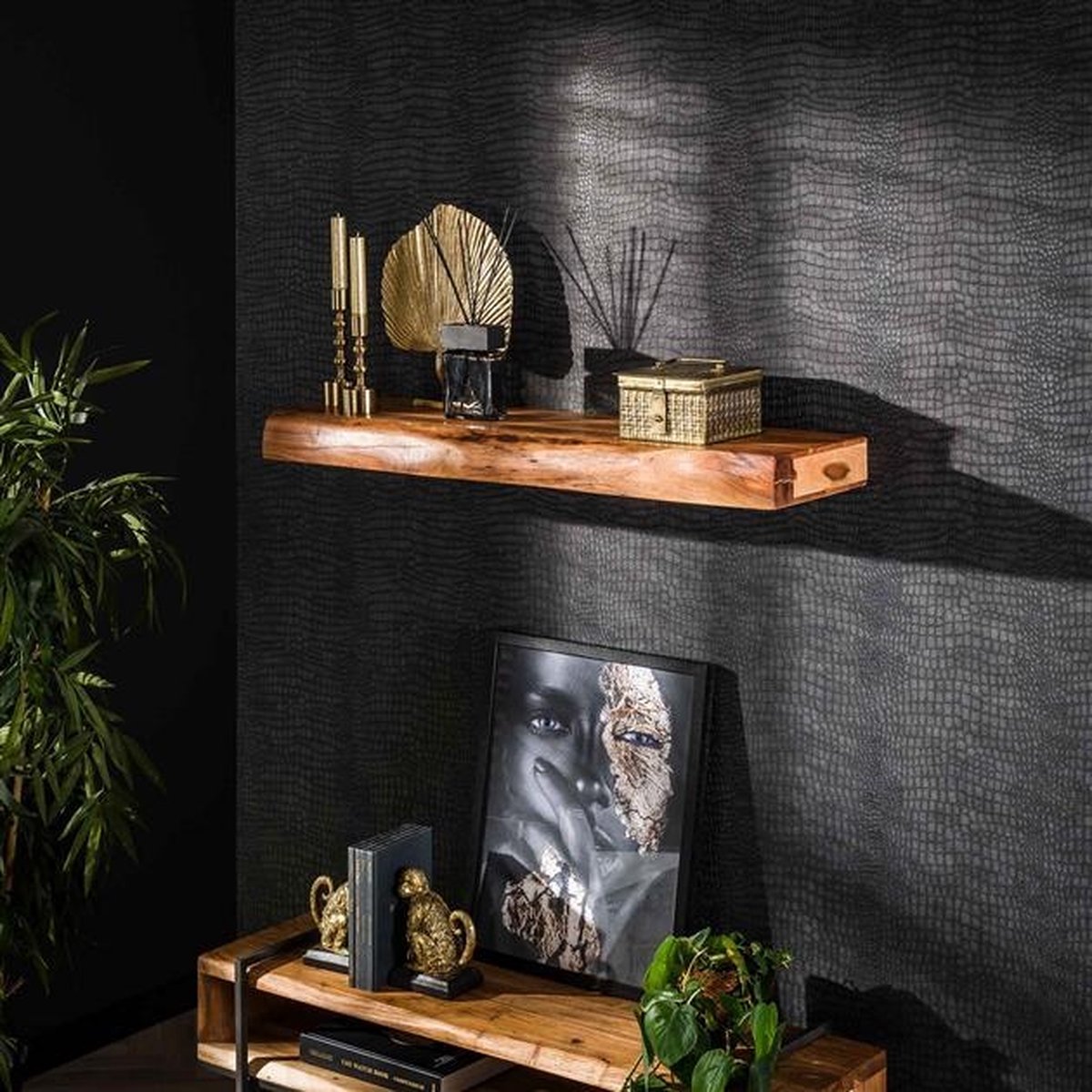 PS-Collection Tree 100 Wandplank - 100x25x8cm - Naturel - Acaciahout - wandplank - wandrek industrieel - wandrek metaal zwart - wandrek rond - wandrekken - wandplank zwevend - wandplank hout - wandkubus - boekenplank Bruin