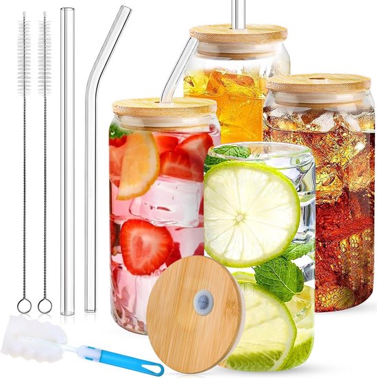 gouveo TGR500DT, set van 6 drinkglazen, 500 ml, met deksel en rietje, cocktailglazen van helder glas, longdrinkglazen in blikvorm met glazen rietje en bamboedeksel