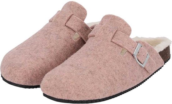Paire de mules roses en feutre avec boucle et doublure en fausse fourrure.