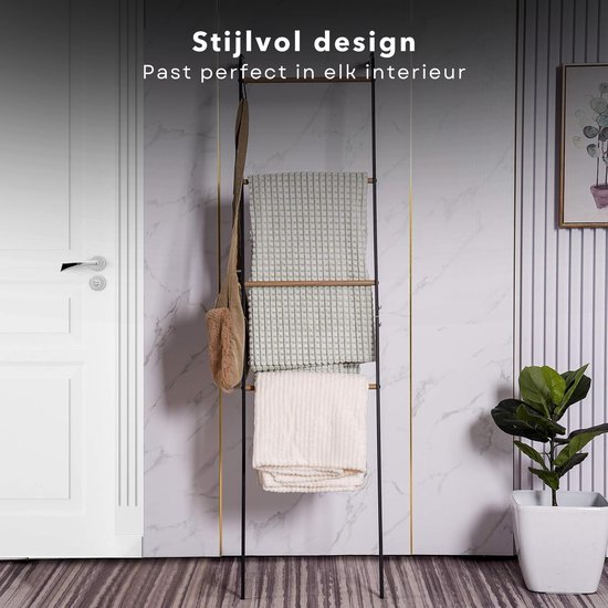 Cheqo® Porte-serviettes sur pied - Échelle décorative - Échelle à serviettes - Support mural - Porte-vêtements - Autonome - Métal Zwart et bois - 160 cm - Porte-échelle de salle de bain