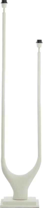 Crèmekleurige staande lamp met een U-vormige voet met twee lampenhouders.