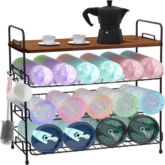 Waterfles Organizer, Draaibare Houten Beker Organizer voor Stanley Cup Bekeropslag voor 7 Flessen met Groefontwerp Stabiele Bekerhouder voor Stanley
