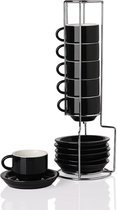 Tasses à expresso et soucoupes empilables en porcelaine avec support en métal - 70 ml - lot de 6 - tasses à café noires lot de 6