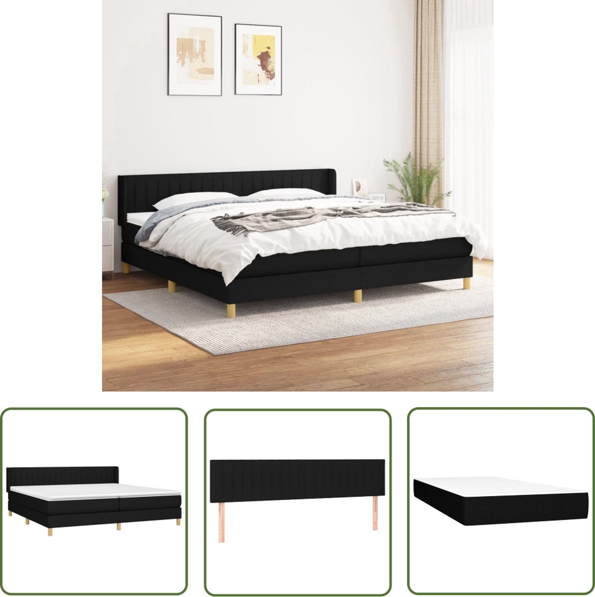 The Living Store Boxspringbed - Pocketvering - 203 x 203 x 78/88 cm - Zwart - Stof - Massief larikshout