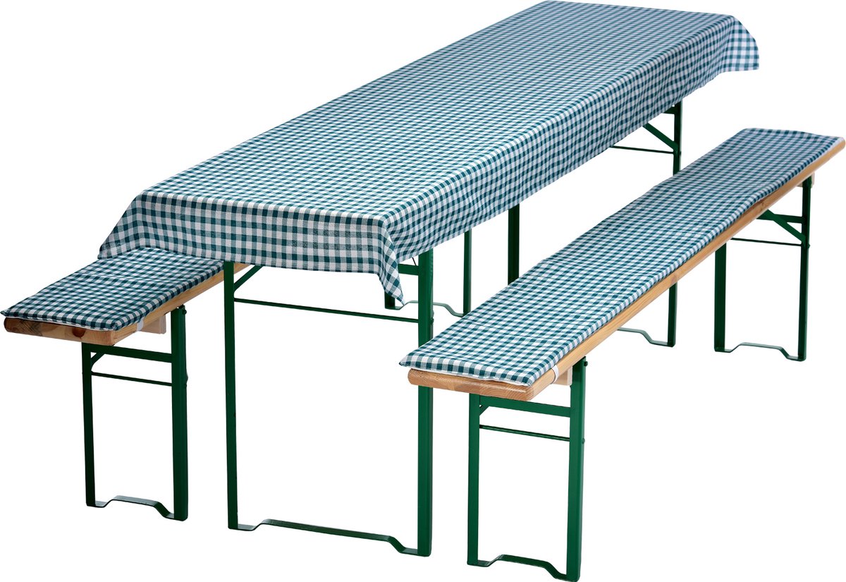 Bierbankkussens Set 130x70 cm Groen Geruit - 1x Tafellaken voor 110x50 cm tafels & 2x Gevoerde kussens voor 110x25 cm banken