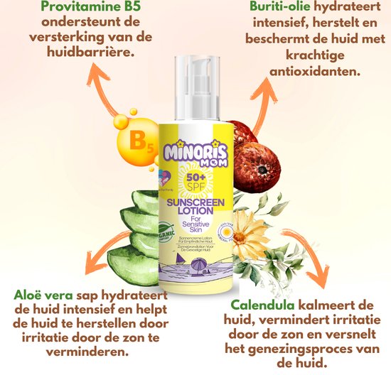 Minoris MOM Zonnebrandlotion SPF 50+ | Biologisch, Natuurlijk & Minerale Inhoud | Zonnebescherming voor Gevoelige Huid, Primer Geschikt, Hypoallergeen, Vegan, Rifvriendelijk, Waterbestendig, Dermatologisch Getest - 150 ml