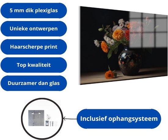 Plexiglas schilderij met bloemen in een vaas. Oranje, gele en rode bloemen op een donkere achtergrond.