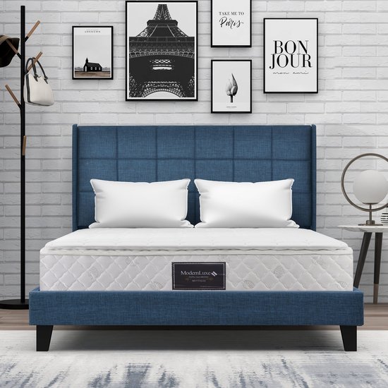 Merax Lit Double Rembourré 140x200cm avec Matras Mousse Froide 7 Zone - Lit Luxe avec Sommier à Lattes - Blauw