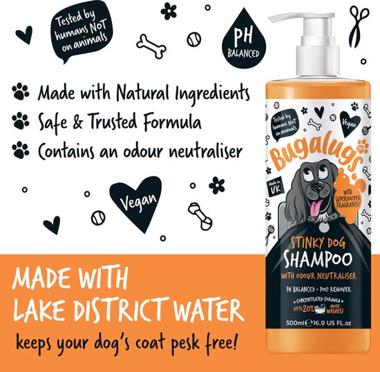Bugalugs - Shampoo voor stinkende honden met geurneutralisator - Alle vachttypes - Fles met pompje - Vegan - 500 ml