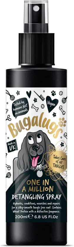 Zwarte sprayfles Bugalugs met tekening van een hond; "One in a million detangling spray".