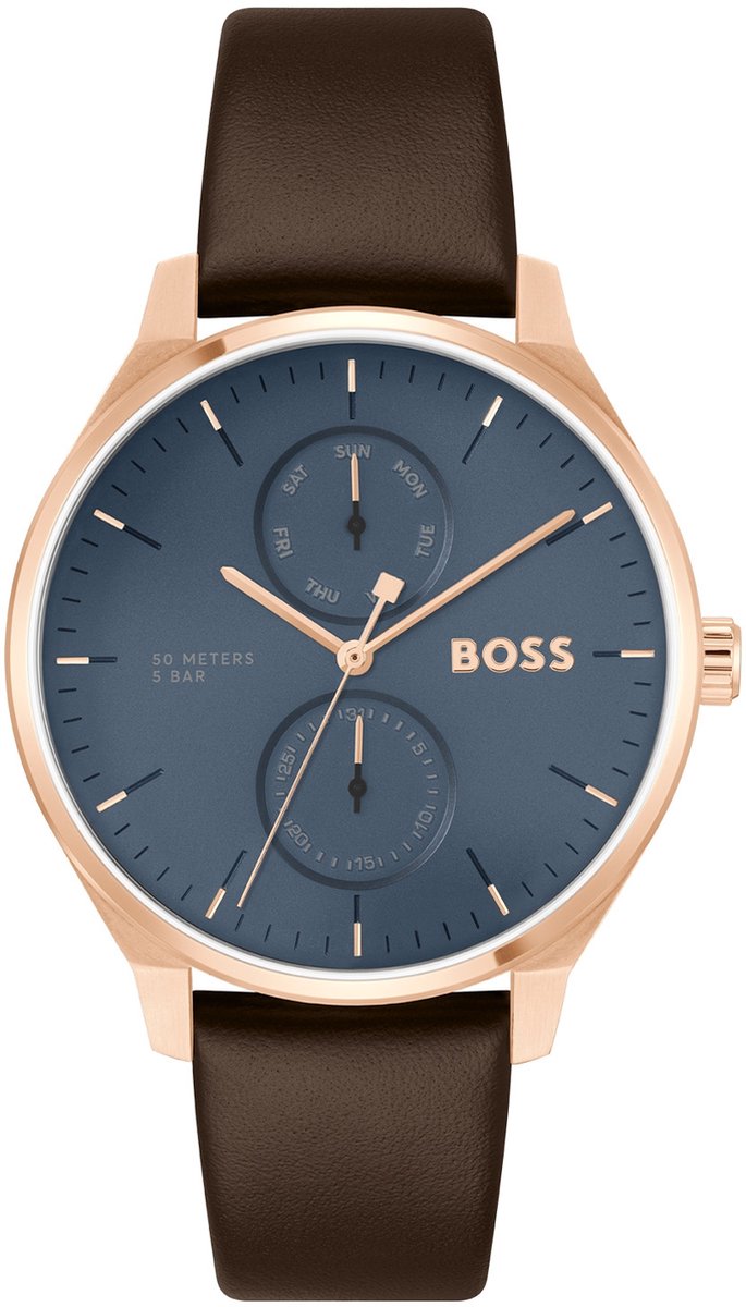 BOSS HB1514103 TYLER Heren Horloge - Mineraalglas - Staal-Leer - Bruin-Rosé goudkleurig - 43 mm breed - Quartz - Gesp - 5 ATM (douchen)