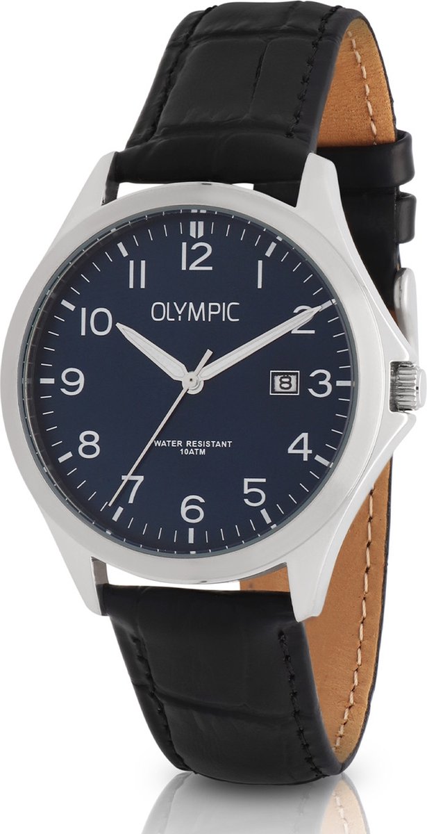 Olympic OL72HSL080 Robin Heren Horloge - Mineraalglas - Staal-Leer - Zilverkleurig-Zwart - Ø 40 mm - 29 mm breed - 29 mm lang - Quartz - Gesp