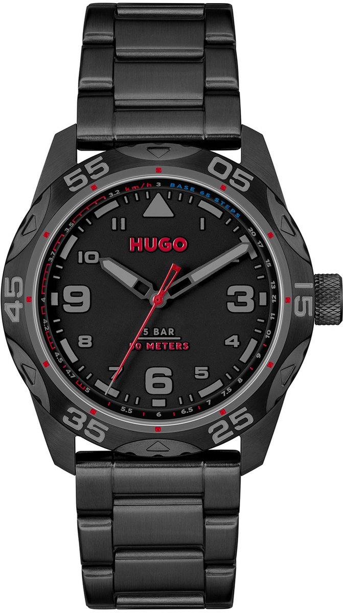 HUGO HU1530333 #TREK Heren Horloge - Mineraalglas - Staal - Zwart - 42 mm breed - Quartz - Vouw-Vlindersluiting - 5 ATM (douchen)