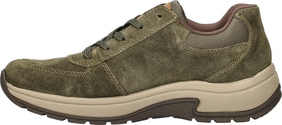 Groene suède Rieker sneaker, zijkant weergave.