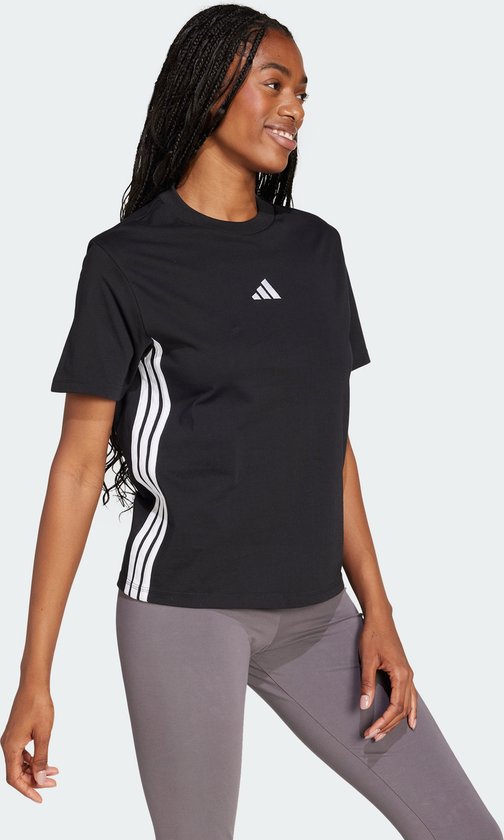 Zwart damesshirt van adidas met witte strepen op de zijkanten en een adidas logo.
