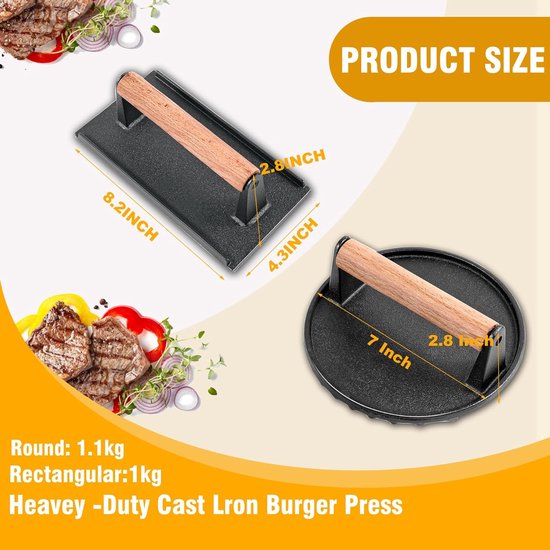Burger Smasher Set met ronde en rechthoekige hamburgerpers, gietijzer