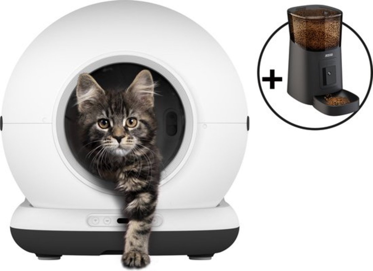 Automatische Kattenbak - Zelfreinigende Kattenbak - Met kattenbakmat, 3 rollen opvangzakjes en Zedar A900 voerautomaat
