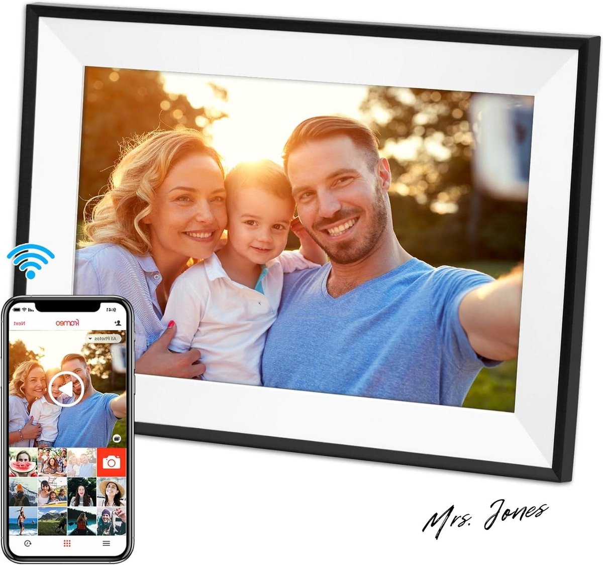 Mrs. Jones Digitale fotolijst 101 inch wifi 1280 x 800 HD IPS touchscreen automatische rotatie 32 GB geheugen - deel foto's direct - zwart en wit Digitale fotolijst