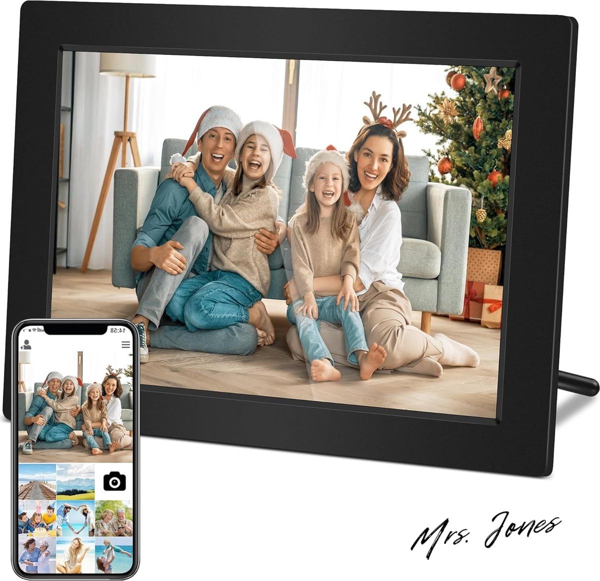 Mrs. Jones 10 Inch IPS Touchscreen Digitale Fotolijst met WiFi - 32 GB Geheugen - Automatische Rotatie - Muziek, Video, Kalender, Klok - Foto's en Video's via APP Frameo - Cadeau voor Familie Digitale fotolijst