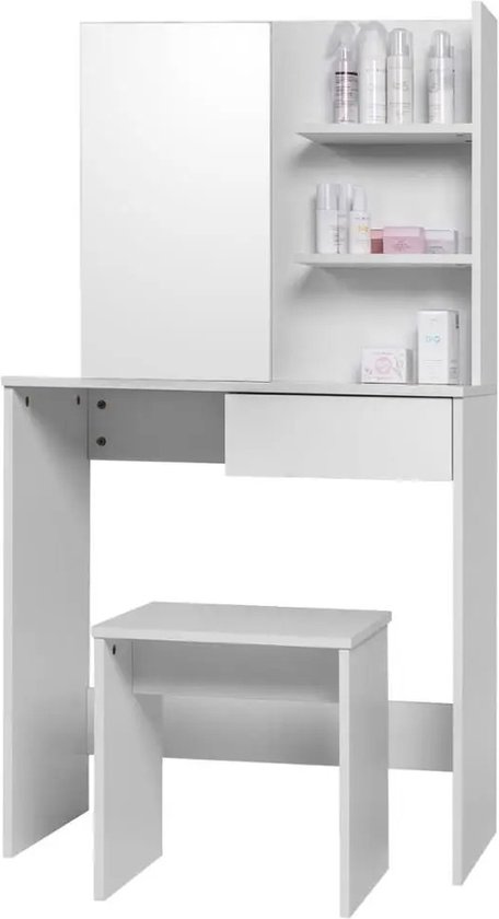 Amalee - Coiffeuse - Wit - Avec miroir - Avec tiroirs - Tabouret inclus - Avec 2 étagères - 75 x 40 x 138 cm (L x P x H) - Table de maquillage - Pour chambre d'adolescent