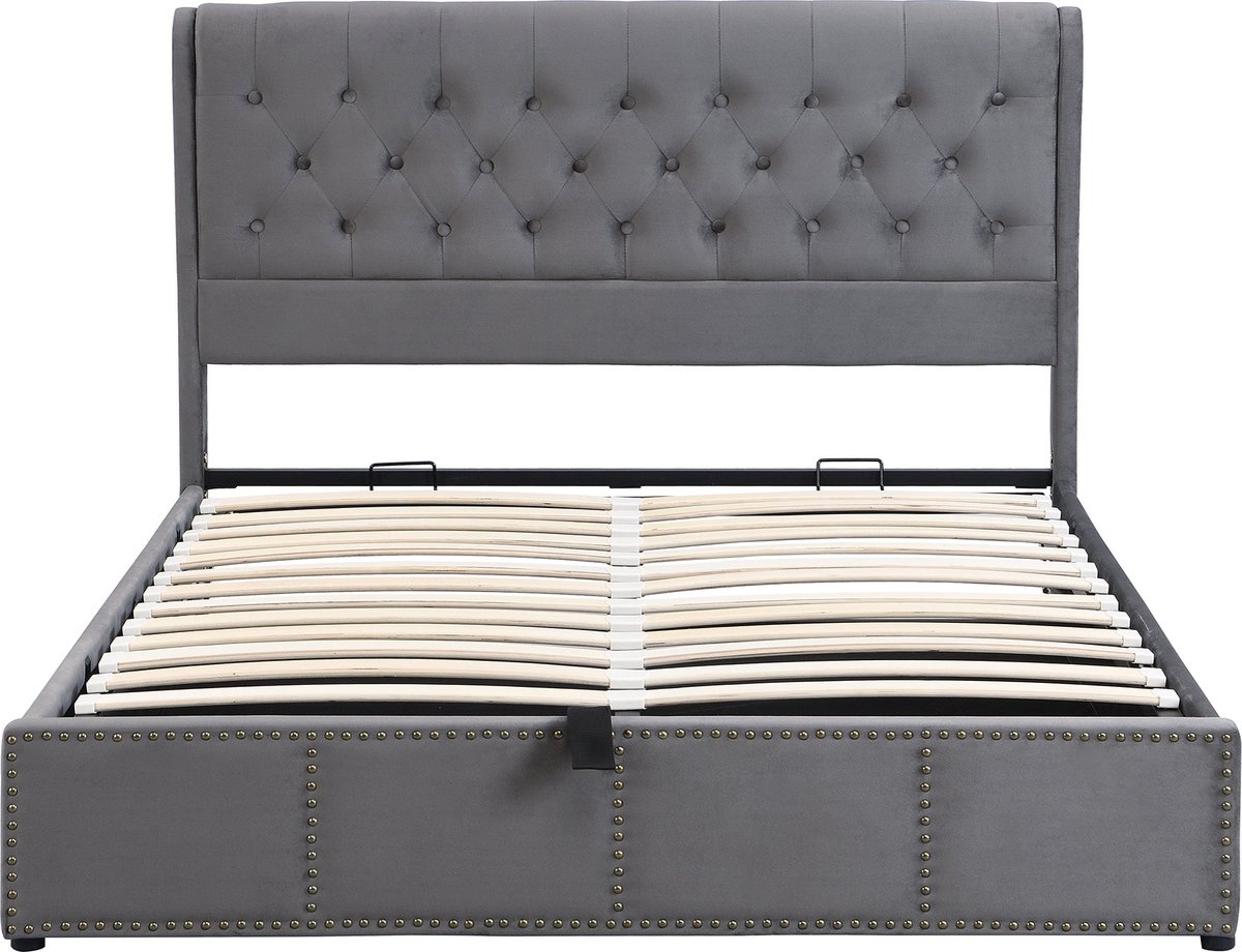 Merax Gestoffeerd Tweepersoonsbed 160x200 cm met Hydraulische Lattenbodem voor Opbergruimte -Luxe Bed met Rivet Decoratie - Grijs