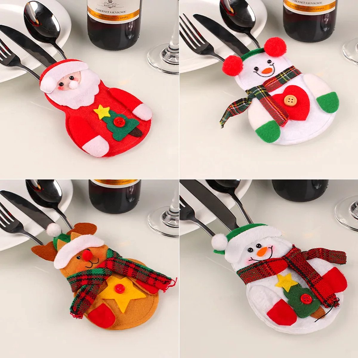 Without Lemon - Set van 4 - Vilten Kerst Bestekhouder - Bestekhoes - Tafel Decoratie - Kerstmis - Kerst Decoratie - Sneeuwpop - Rendier - Kerstman - Kerst Diner - Kerstversiering