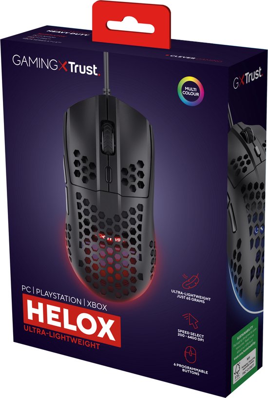 Verpakking van een zwarte gamingmuis met honingraatpatroon, meerkleurige LED-verlichting