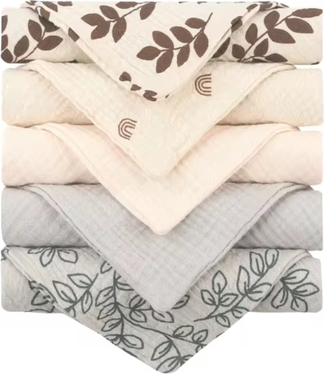 Goedkoopste Hydrofiele Doeken Baby - Babydoekjes Katoen - Monddoekjes - Spuugdoekjes - Washandjes - Baby - Hydrofiel - Ademend - Vocht Absorberend - Sneldrogend - Zacht - Crème Lichtgrijs Takjes Regenboogjes - 5 stuks