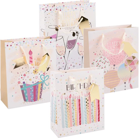 Verjaardag Cadeautas - ca. 32x26x12 cm - Cadeautas Happy Birthday - Geschenk Tas Verjaardag met Handvatten - Cadeauverpakking voor Verjaardag Cadeaus - Assorti Design - 1 Willekeurige Tas