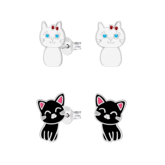 Set de boucles d'oreilles clous en argent, chat blanc avec noeud rouge et chat noir
