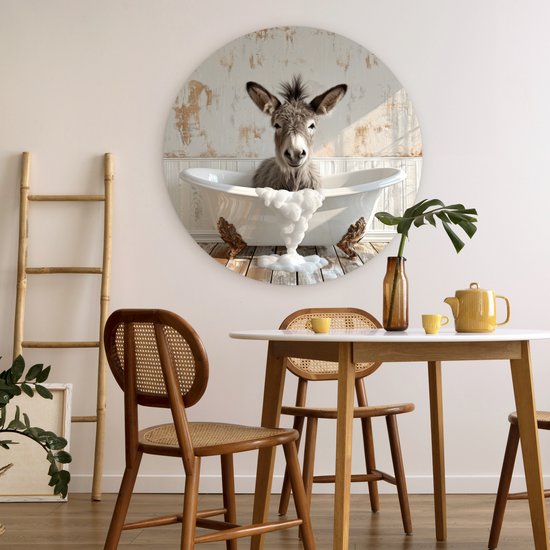 WallCircle® Wandcirkel 90x90 cm - Muurcirkel Ezel - Dieren - Badkuip - Schuim - Humor - Badkamer - Muurdecoratie woonkamer - Wanddecoratie slaapkamer - Kamer decoratie accessoires - Ronde schilderijen - Woonaccessoires binnen cirkel