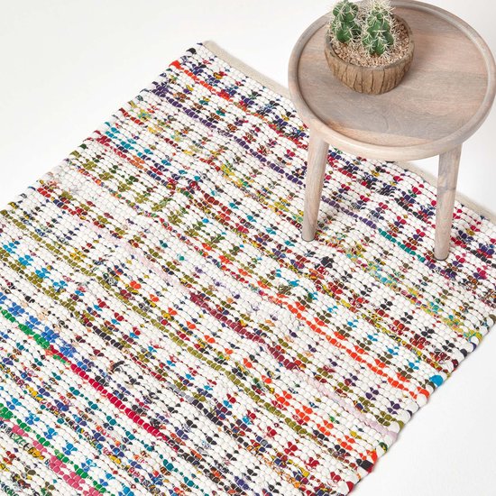 HOMESCAPES Natuurlijk gehaakte tapijt, handgeweven katoen, gevlochten mat, omkeerbaar 120 cm, rond tapijt voor woonkamer en slaapkamer