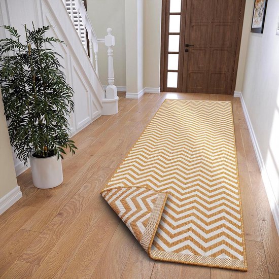 Vlakgeweven Omkeerbaar Binnen en Buiten Tapijt 80x350 cm Zwart-Crème