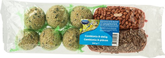 Verpakking met vier voerballen, één netzak met pinda's en één netzak met zaden.