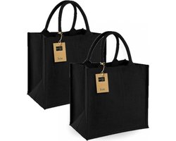 Jute boodschappentas - Set van 4x stuks - 14 liter - zwart - shopper - klein - 30 x 30 x 16 cm