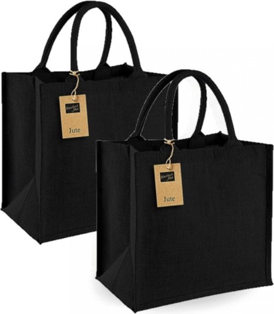 Jute boodschappentas - Set van 4x stuks - 14 liter - zwart - shopper - klein - 30 x 30 x 16 cm