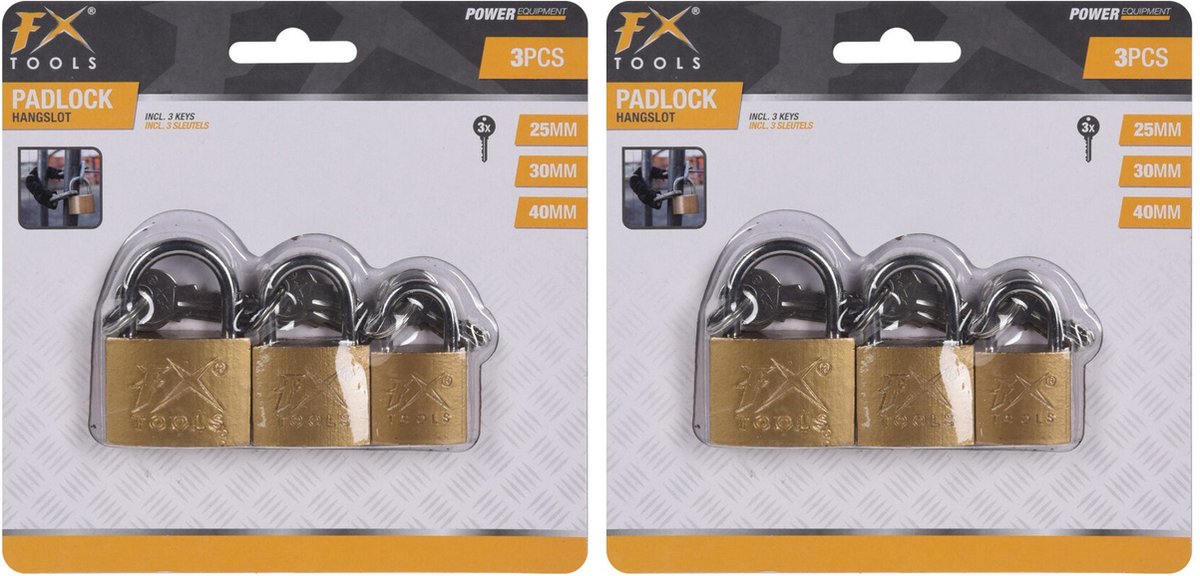 FX Tools Hangsloten - 6x stuks - verschillende maten - metaal - brons - slotjes - met sleutels
